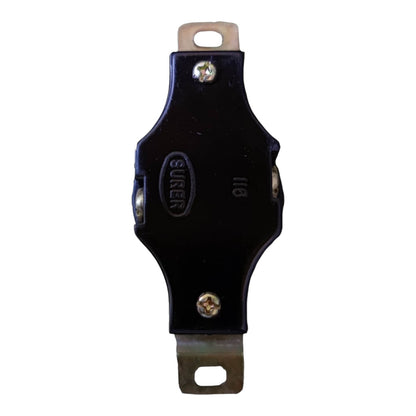 A black plastic electrical terminal block with metal screw terminals on a white background, featuring the SURER brand logo.
