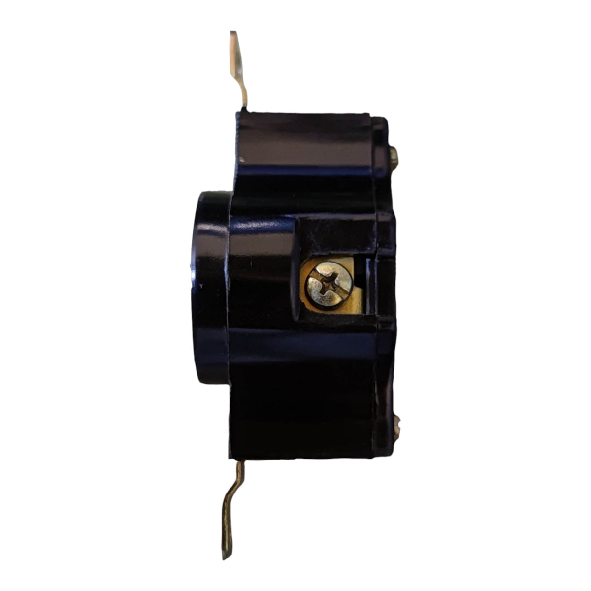 A small black electrical component or switch with metal terminals and a gold screw detail, isolated on a white background.
