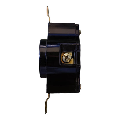 A small black electrical component or switch with metal terminals and a gold screw detail, isolated on a white background.