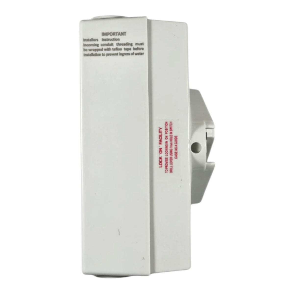 A white plastic wall-mounted water filter assembly with printed installation instructions and red warning text on the front, shown against a plain white background.