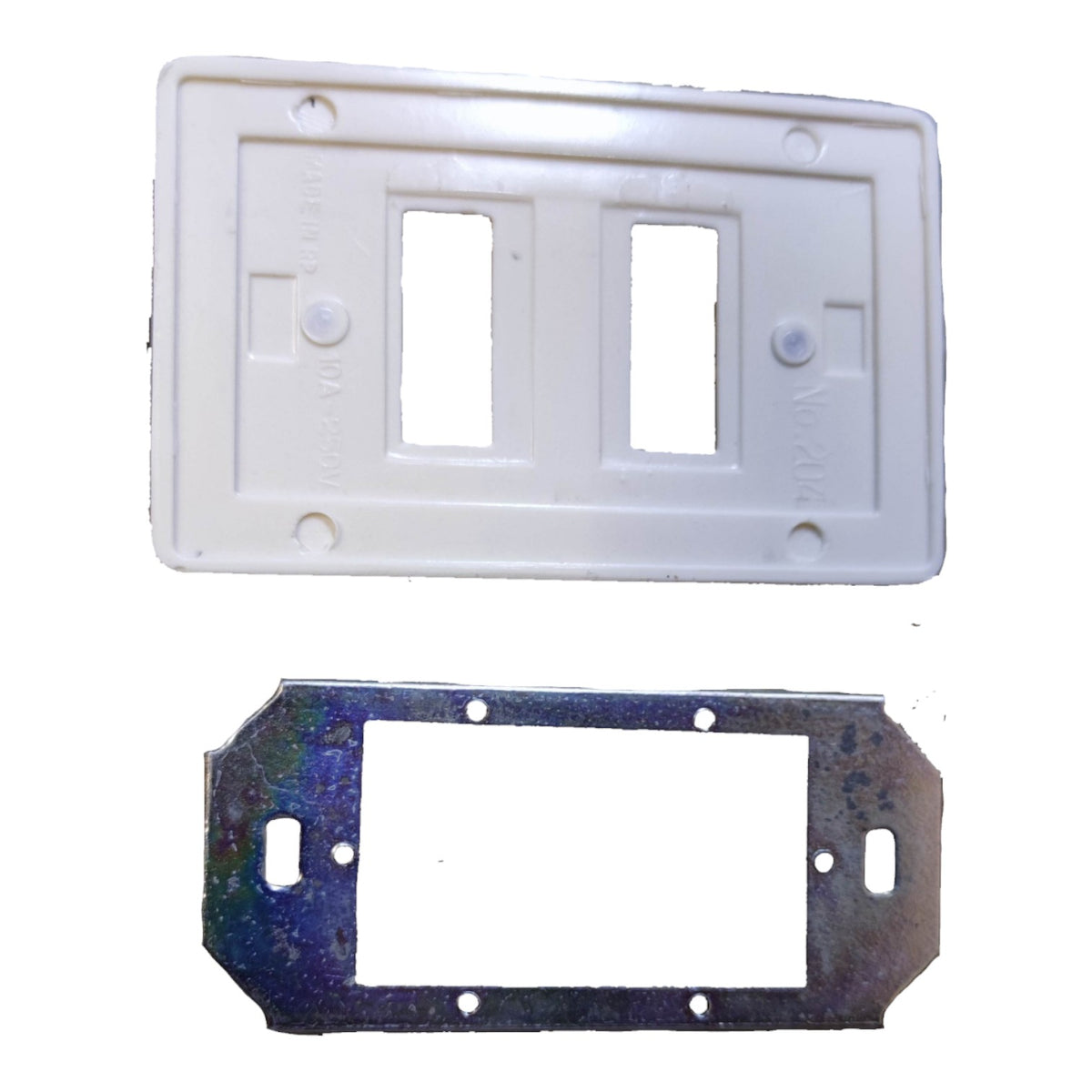 A white plastic double-gang switch plate cover shown above a dark metallic mounting bracket on a plain white background.