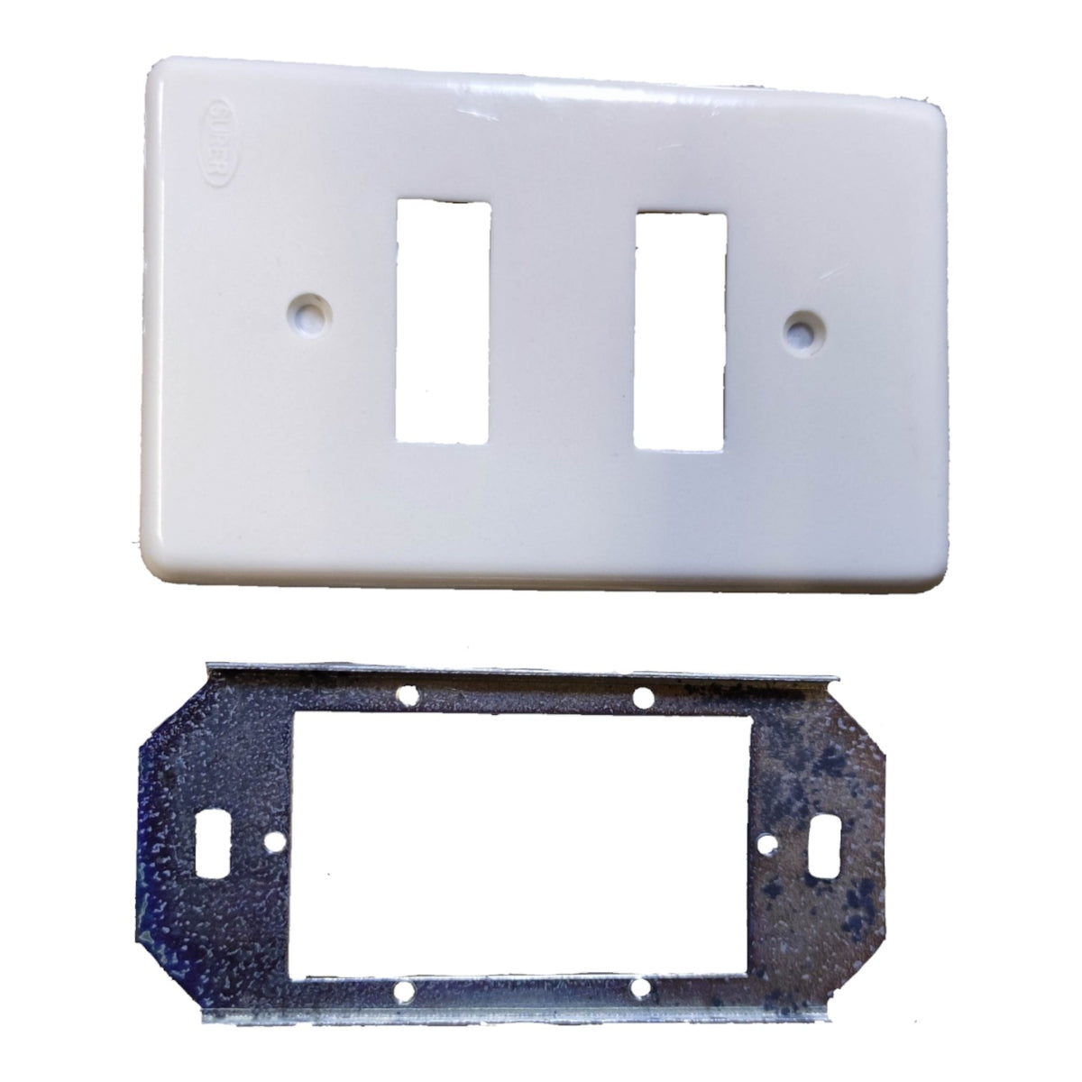 A white double-gang light switch plate cover shown above a dark metal mounting bracket on a plain white background.