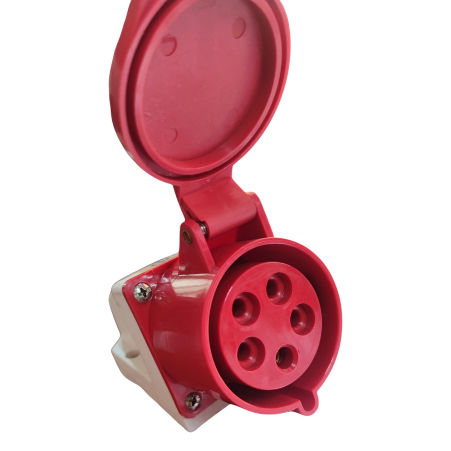 Red electrical plug on a white background