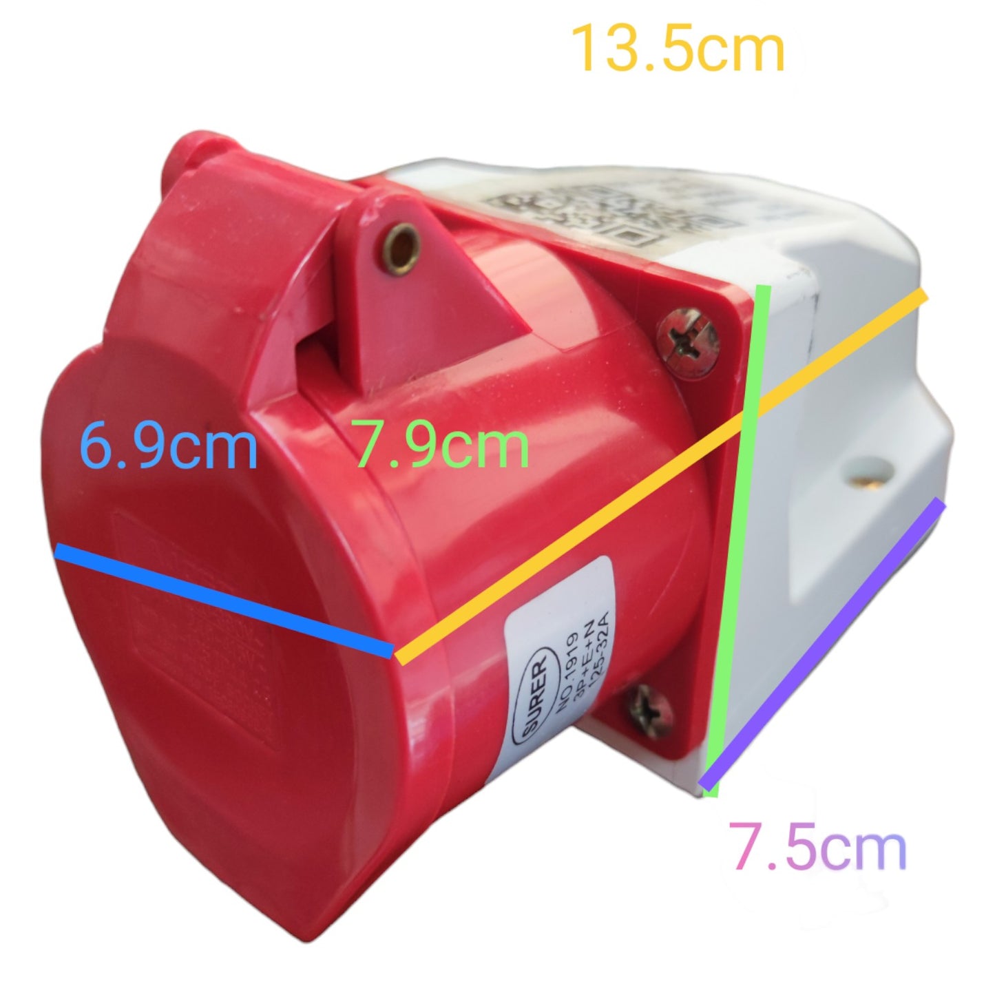 Red and white electrical component with measurements on a white background