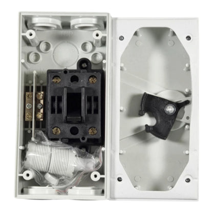 An electrical junction box shown open, displaying its internal components including a black main contactor, white cable, and a white mounting bracket on the exterior panel.