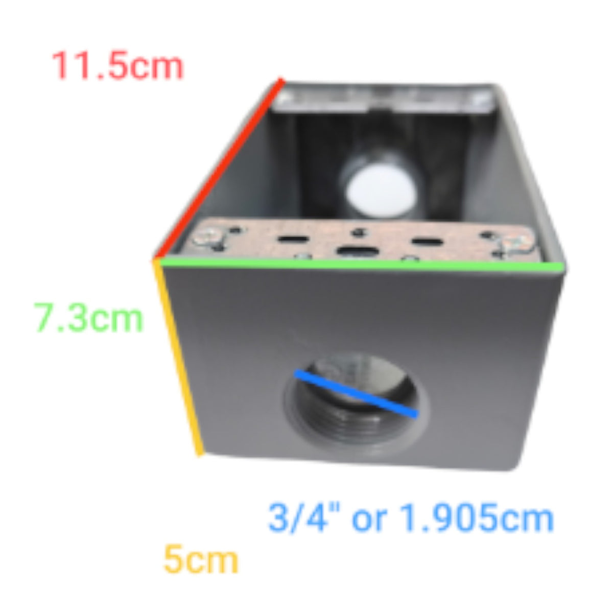 A dark gray metal container with a threaded port on the front, shown with overlaid dimension labels in red, green, blue, yellow, and white indicating measurements of 11.5cm, 7.