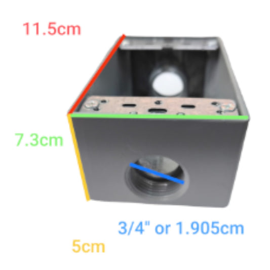 A dark gray metal container with a threaded port on the front, shown with overlaid dimension labels in red, green, blue, yellow, and white indicating measurements of 11.5cm, 7.