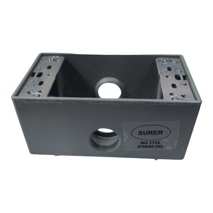 A dark gray plastic utility box with mounting holes on the top and a threaded connection on the front, featuring a label that reads 'SURER'.