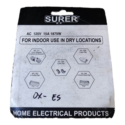 Surer RP home electrical products packaging for a 125V 15A 1875W indoor use in dry locations adapter, showing product diagrams on a white and black backing card.