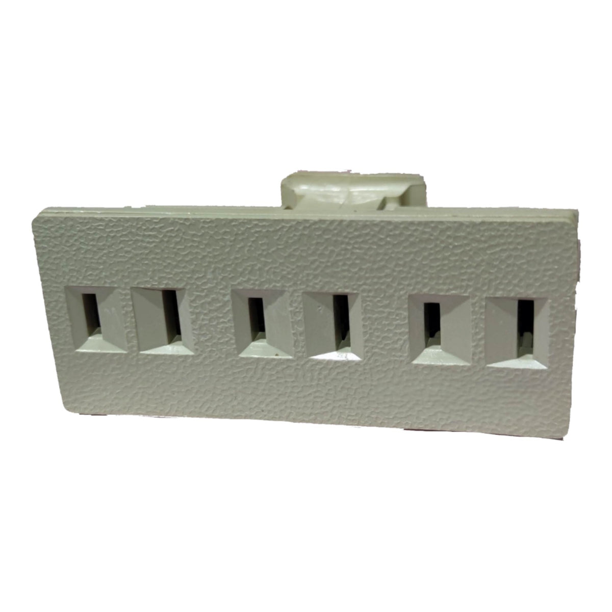 A white textured plastic electrical outlet cover plate with five vertical rectangular slots, shown against a plain white background.
