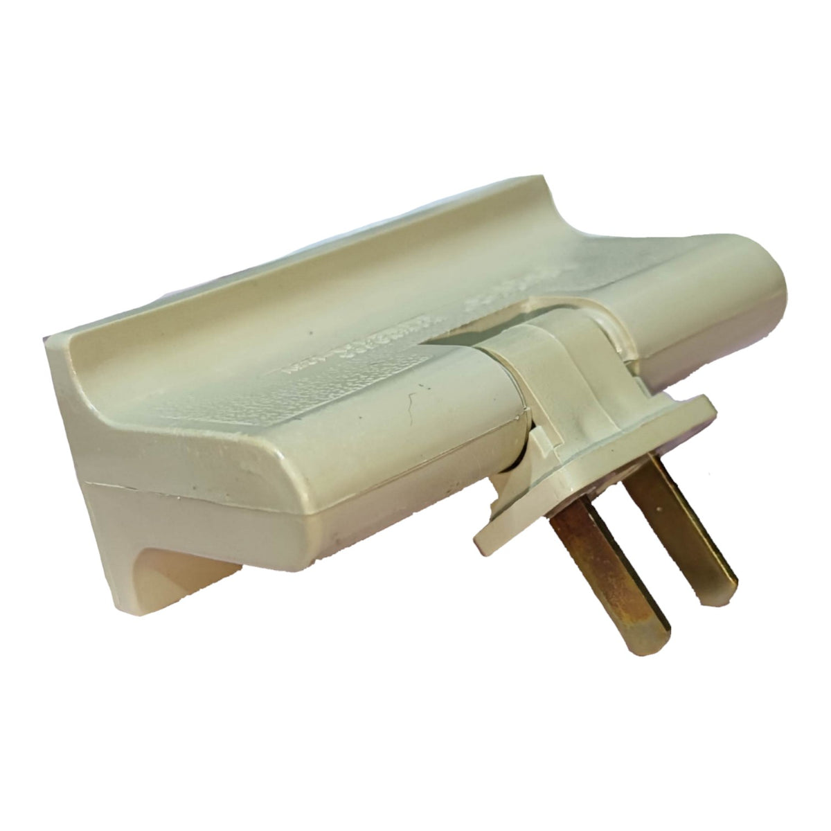 A beige plastic electrical plug adapter with two flat pins, shown on a plain white background.