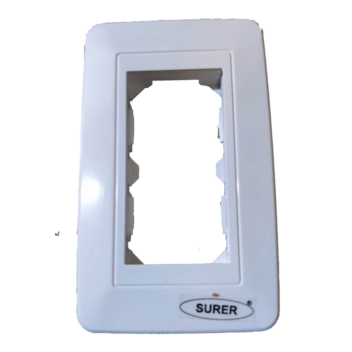 A white plastic electrical outlet cover plate with a Surer brand label at the bottom, shown against a plain white background.