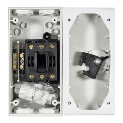 An electrical junction box or distribution enclosure shown open, with the left side displaying internal components including a black contactor, terminal blocks, and a motor, and the right side showing the back panel with a black switch handle.