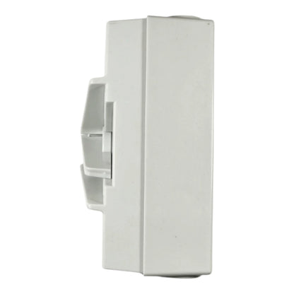 A white plastic wall switch module or electrical outlet component shown from a side profile view against a plain white background.
