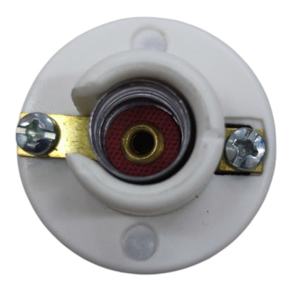 A close-up of a white circular electrical or audio component with a central red and gold metallic terminal, secured by gold-colored metal brackets with silver screws on a white background.