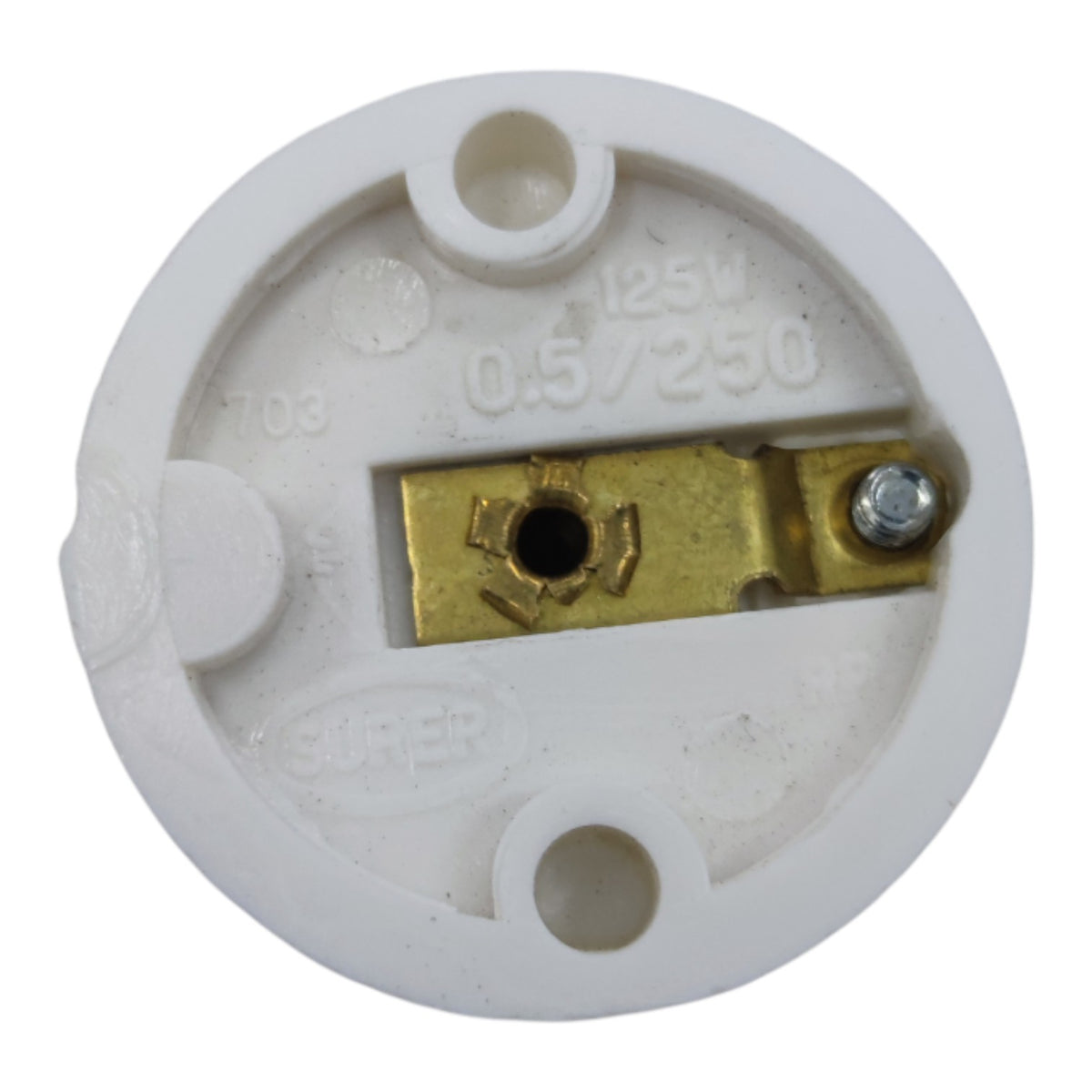 A white circular electrical socket or connector base with a brass metal contact piece and a silver screw terminal, shown on a plain white background.