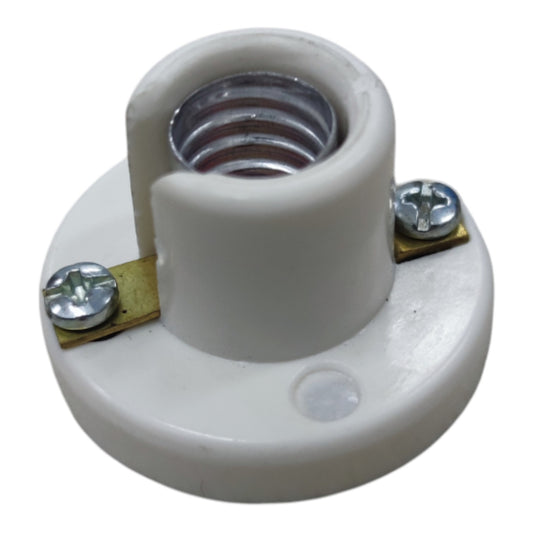 A white ceramic electrical terminal block with a threaded metal contact inside, secured with two silver screws on brass-colored metal tabs, isolated on a white background.