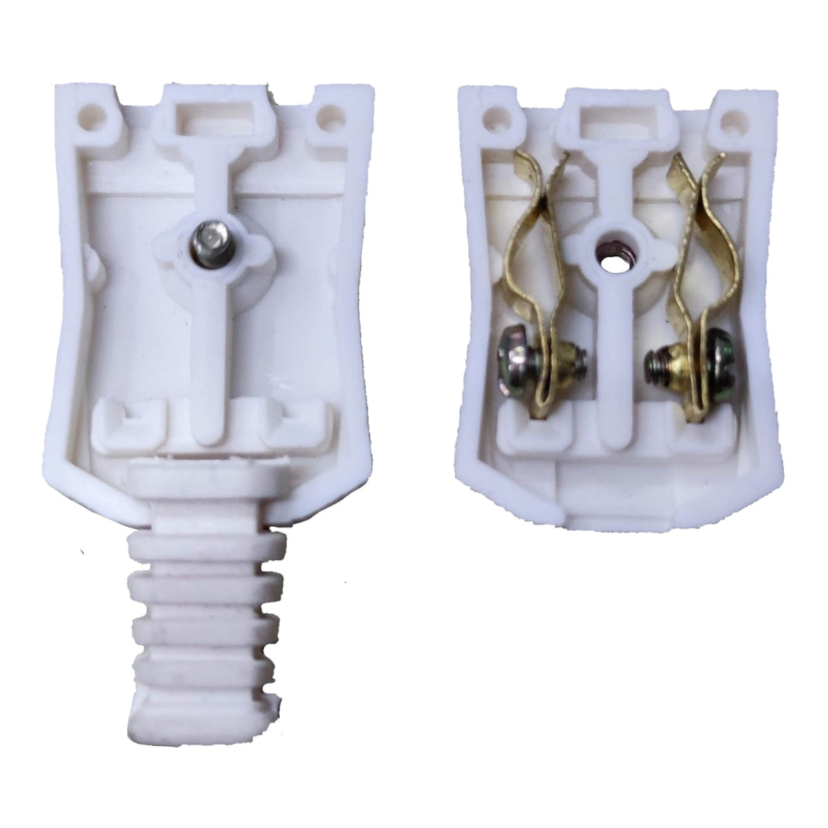 Two white plastic electrical connector components shown on a plain white background, one displaying the front face with a screw terminal and the other showing the back with gold-colored metal contacts.
