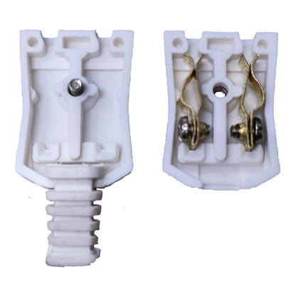 Two white plastic electrical connector components shown on a plain white background, one displaying the front face with a screw terminal and the other showing the back with gold-colored metal contacts.