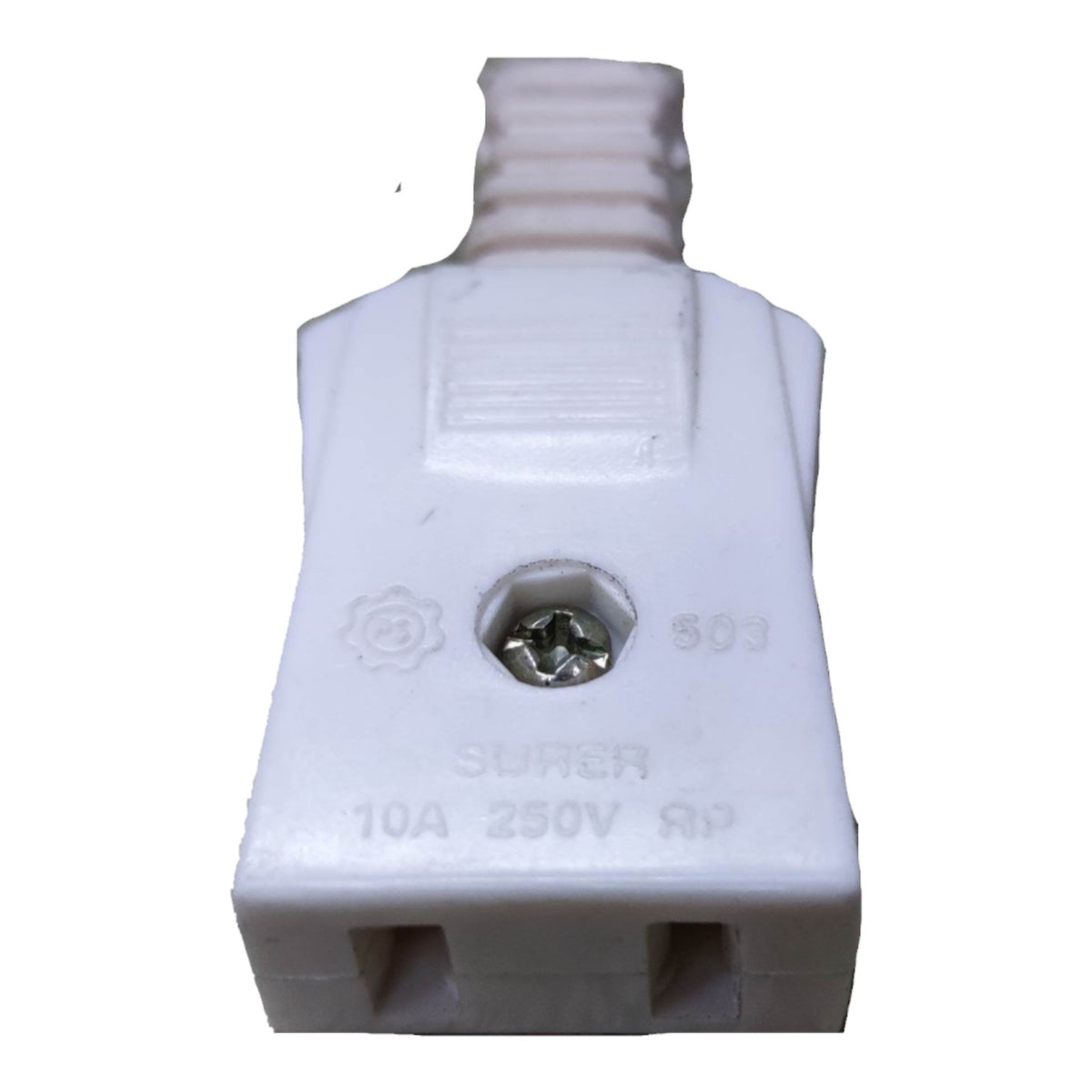 A white plastic electrical connector plug with screw terminals, featuring embossed text 'Surer 10A 250V RP' and a screw terminal on the front face.