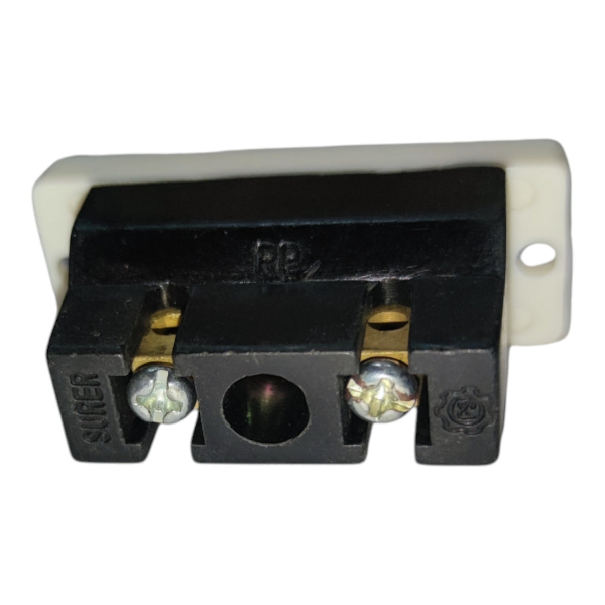 A black electrical terminal block connector with gold-colored screw terminals and a white plastic backplate, shown on a plain white background.