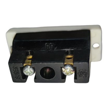A black electrical terminal block connector with gold-colored screw terminals and a white plastic backplate, shown on a plain white background.