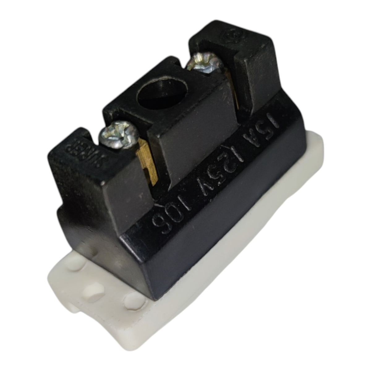 A small black electrical terminal block connector with two silver screw terminals and a white plastic base, shown on a plain white background.
