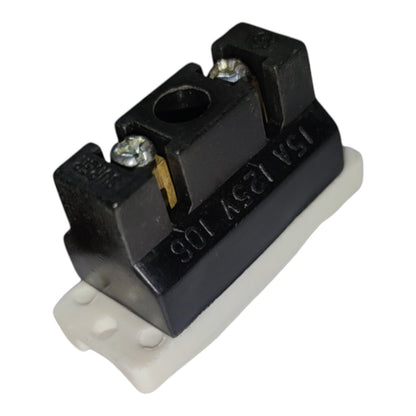A small black electrical terminal block connector with two silver screw terminals and a white plastic base, shown on a plain white background.