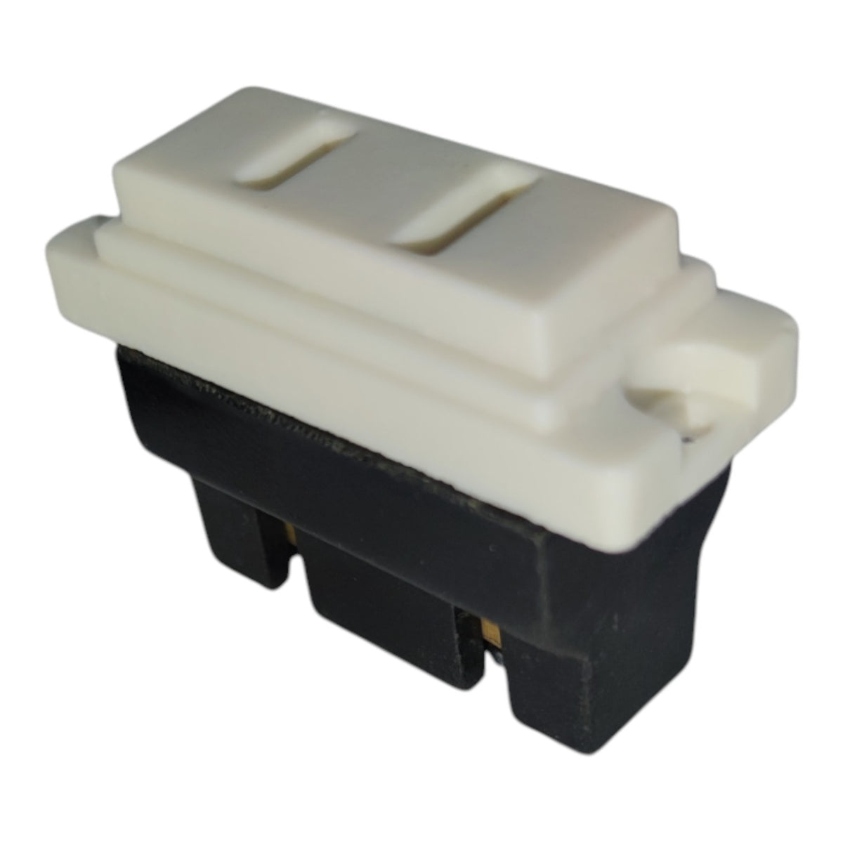 A small plastic electrical or automotive switch component with a white top cover and a black base, shown on a plain white background.