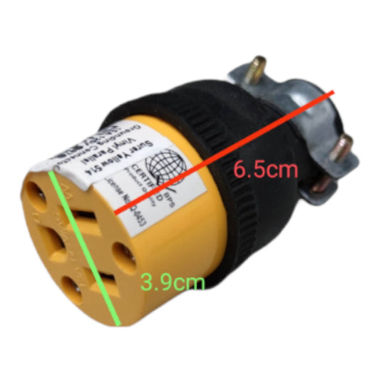 A yellow and black electrical outlet connector with a white label, shown on a white background with red and green dimension lines and text indicating 6.5cm and 3.