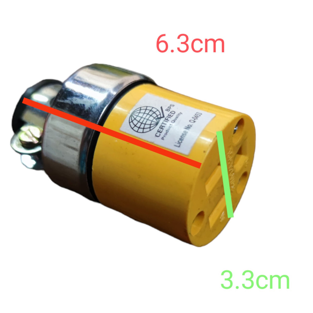 A yellow and silver cylindrical electrical component with a white label, overlaid with red and green measurement lines and text indicating dimensions 6.3cm and 3.