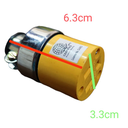 A yellow and silver cylindrical electrical component with a white label, overlaid with red and green measurement lines and text indicating dimensions 6.3cm and 3.