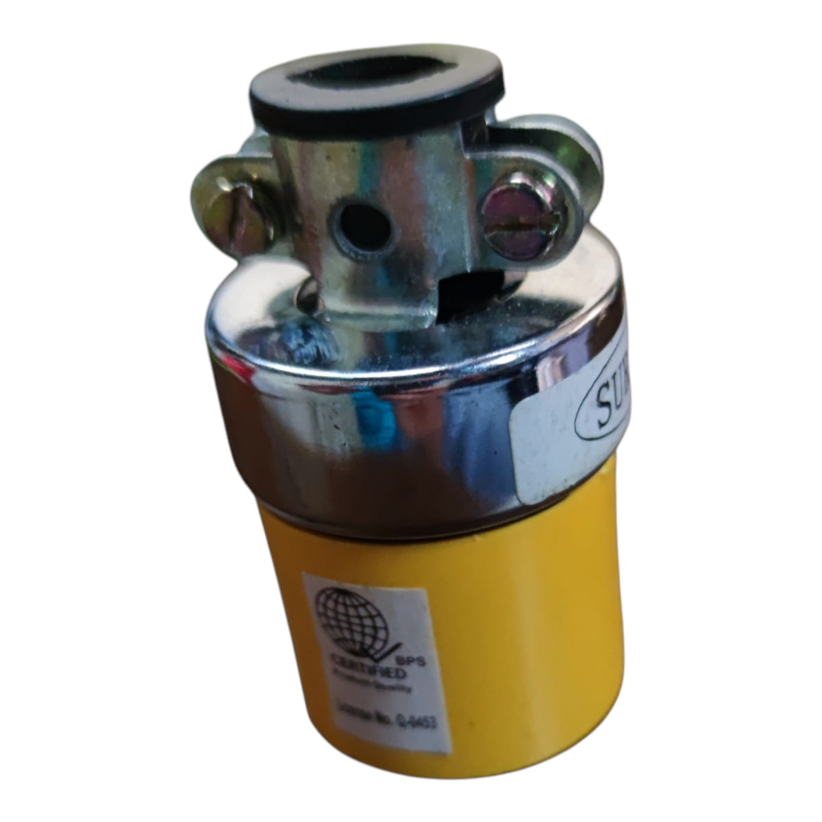 A yellow and chrome metal automotive fuel pump filter with a black rubber gasket, shown on a plain white background.