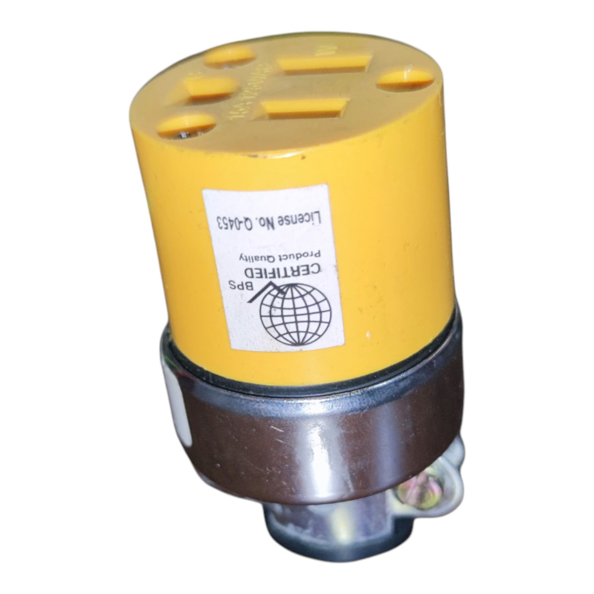 A yellow and brown industrial BPS pump filter with a white certification label on the side, isolated on a white background.