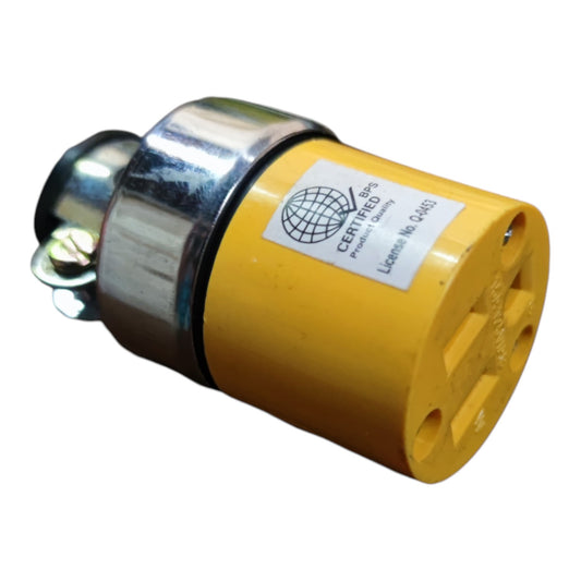 A yellow electrical outlet adapter with a shiny silver metal collar and a white certification label, shown on a plain white background.