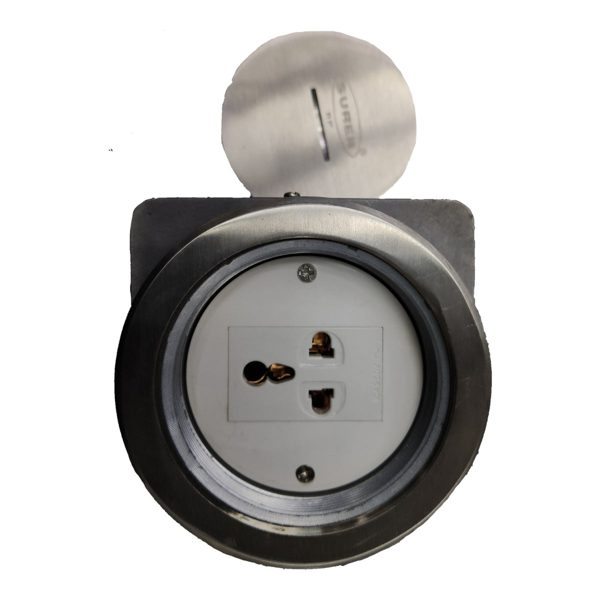 A heavy-duty industrial electrical outlet with a brushed metal circular cover that is shown open, revealing a white socket face with bare copper contacts, set against a plain white background.