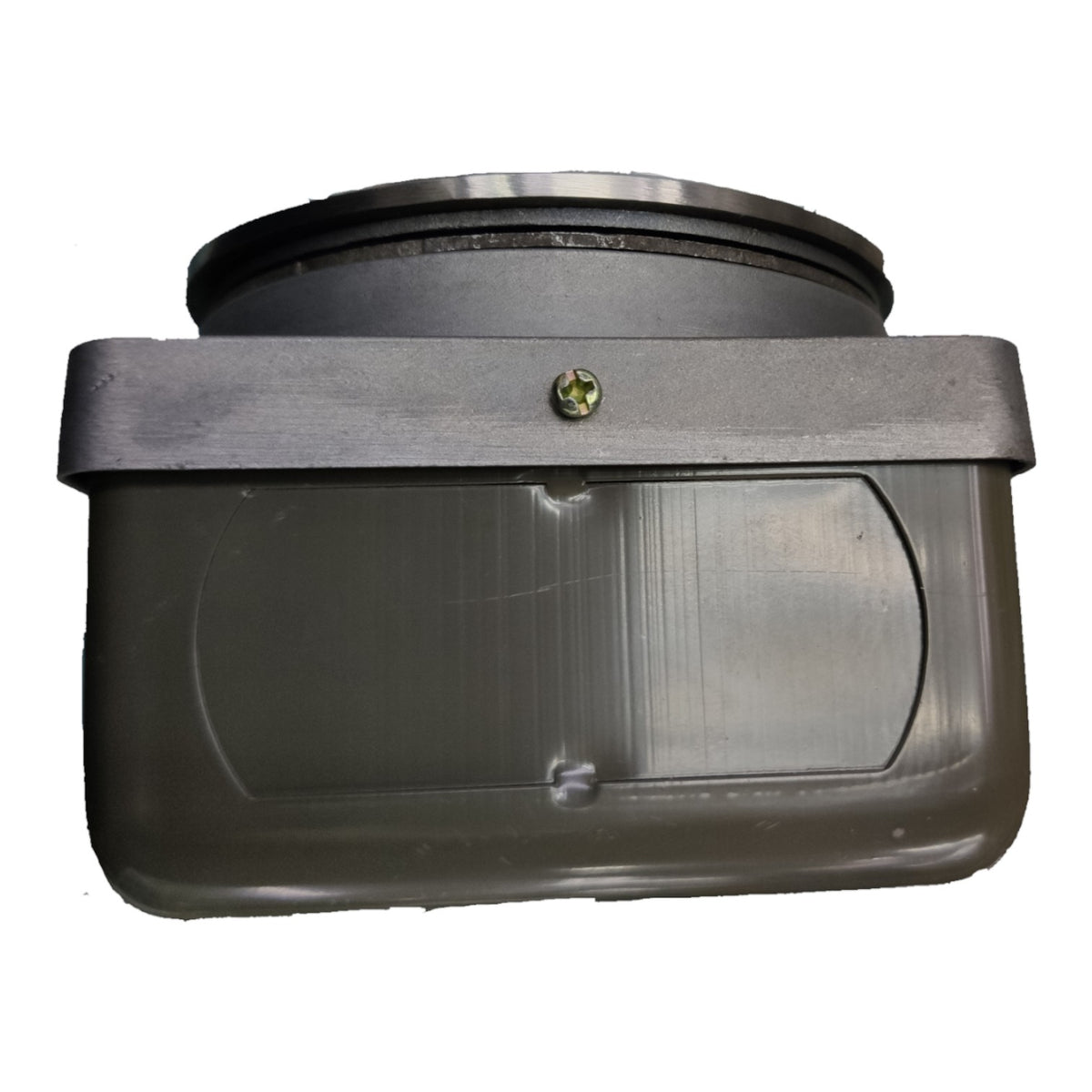 A dark gray plastic and metal cylindrical component, likely a mechanical or automotive part, shown against a plain white background.