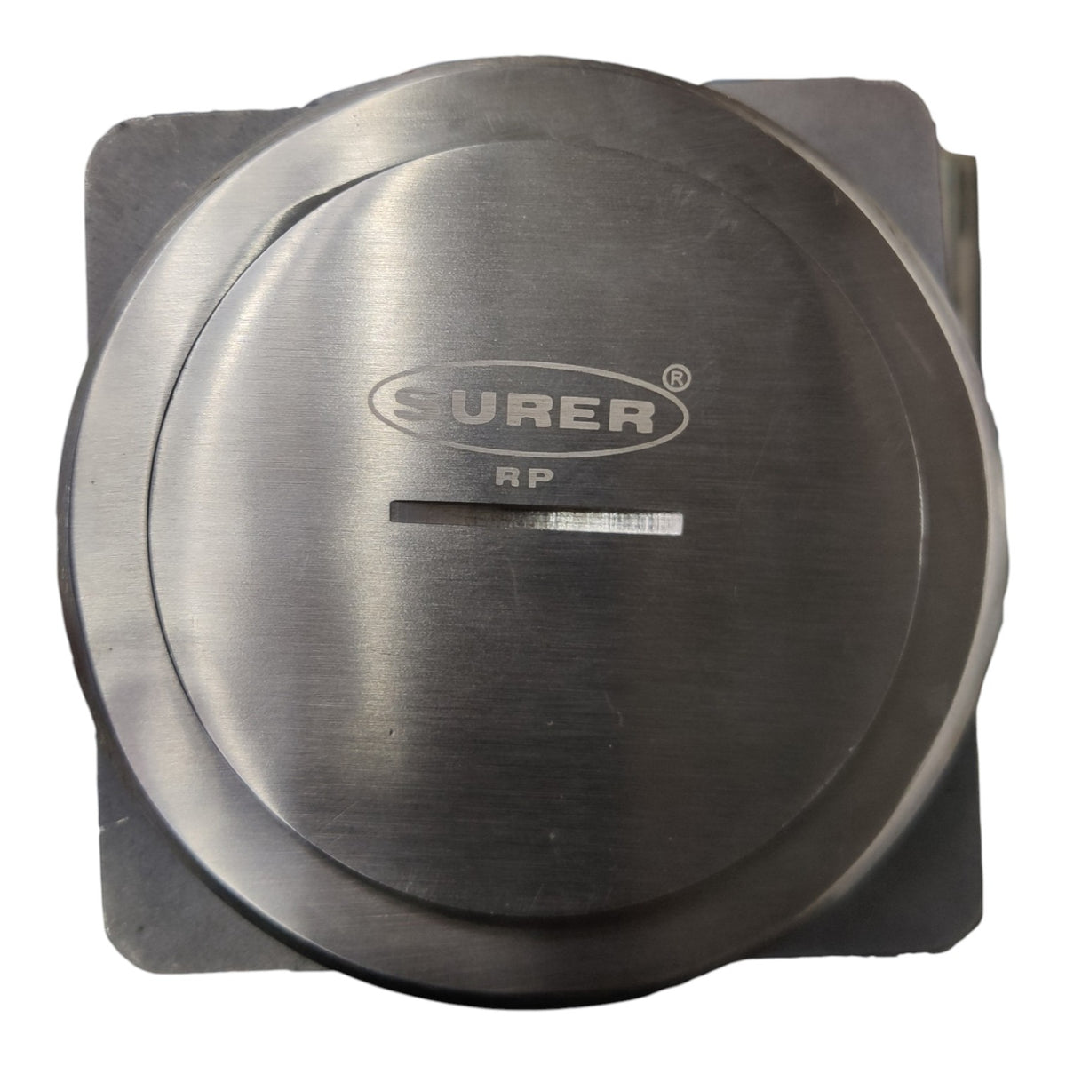 A round brushed metal Surer RP mechanical component or cover, shown from a top-down view against a plain white background.