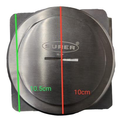 A round brushed-metal product with a visible Surer logo, shown on a white background with overlaid dimension lines and text indicating 10.5 cm and 10 cm measurements.