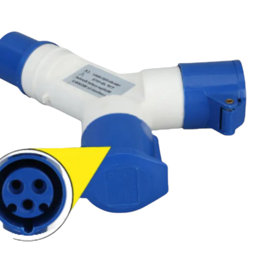 Blue and white Y-shaped electrical power plug adapter with a close-up inset of a three-pin circular plug connector, shown on a white background.
