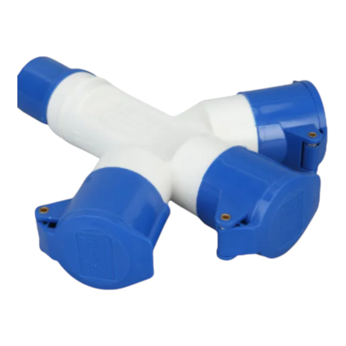 A three-way electrical distribution block with blue plastic protective covers and a white central connector body, isolated on a white background.