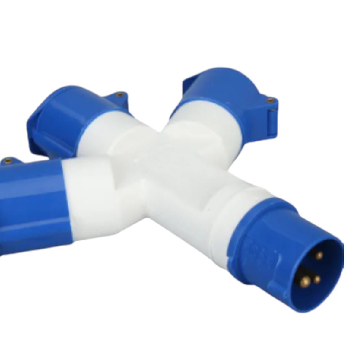 A 3-way electrical power splitter with a white plastic central body and blue plastic end caps and connectors, shown on a plain white background.