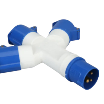 A 3-way electrical power splitter with a white plastic central body and blue plastic end caps and connectors, shown on a plain white background.