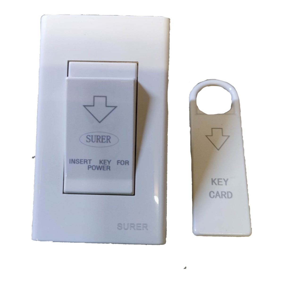 A white electric switch panel with a central push-button labeled 'SURER' and 'INSERT KEY FOR POWER,' shown next to a matching white key card tag with an arrow icon and the words 'KEY CARD.'.