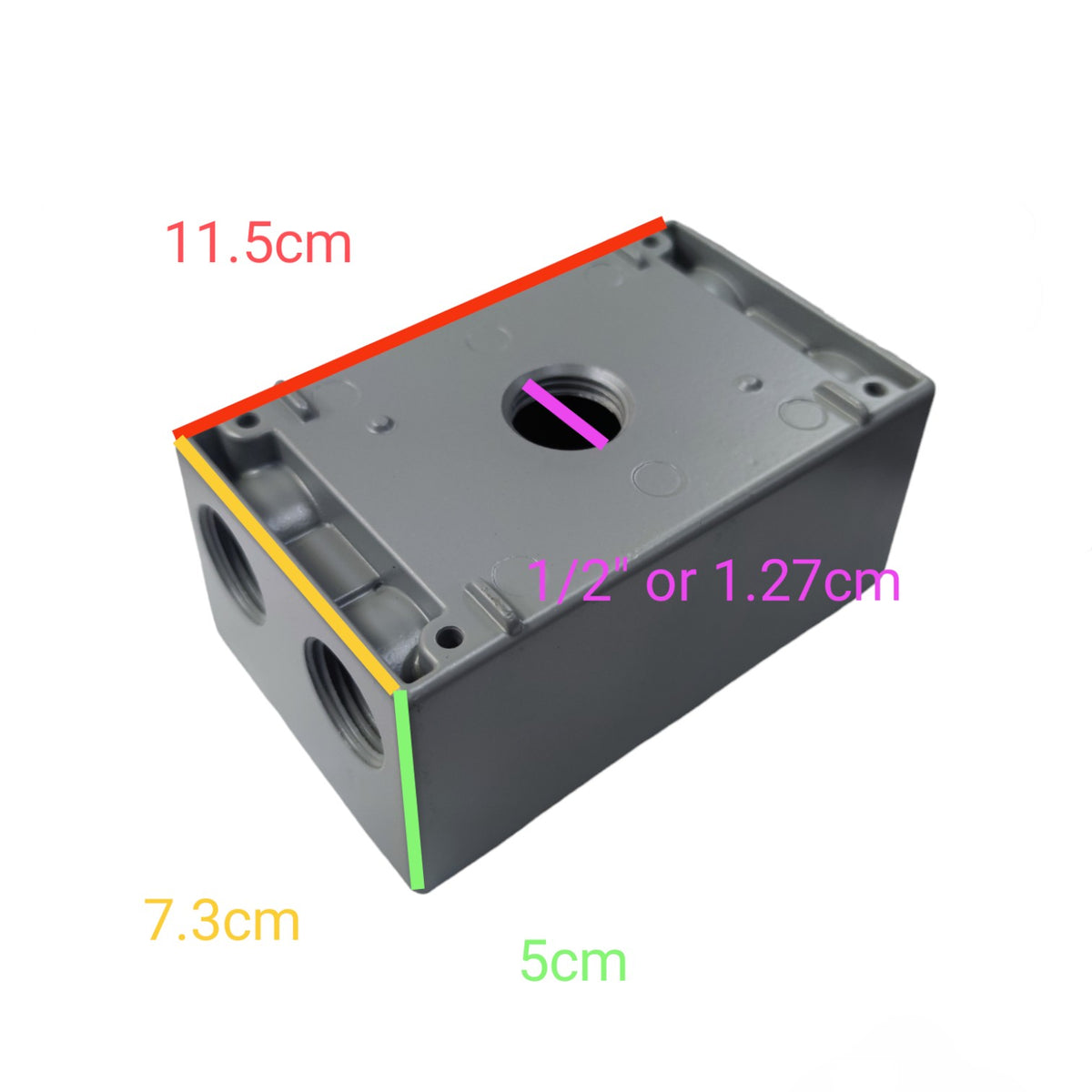 A gray plastic electrical junction box shown on a white background with colored dimension lines and labels indicating measurements: 11.5 cm, 7.