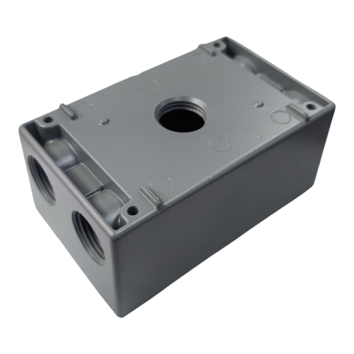 A gray plastic electrical junction box with threaded connection ports on two sides and a central top opening, shown on a plain white background.