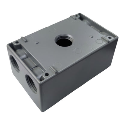 A gray plastic electrical junction box with threaded connection ports on two sides and a central top opening, shown on a plain white background.