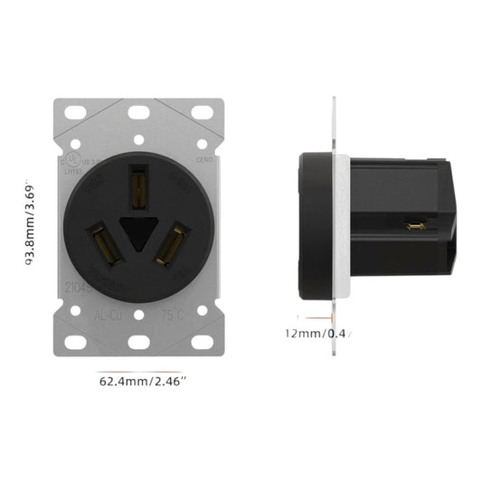 A black three-pin electrical outlet socket with a silver metal mounting plate, shown from front and side views with dimension markings on a white background.
