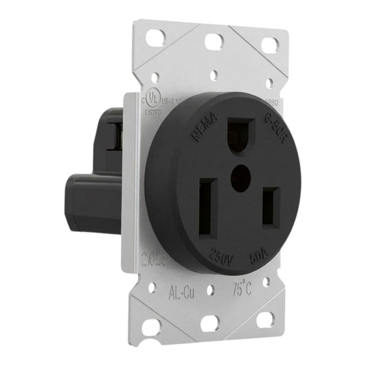 UL-listed NEMA 6-50V 250V 40A 75°C 3-prong outdoor outlet with a black faceplate and a silver aluminum mounting plate.