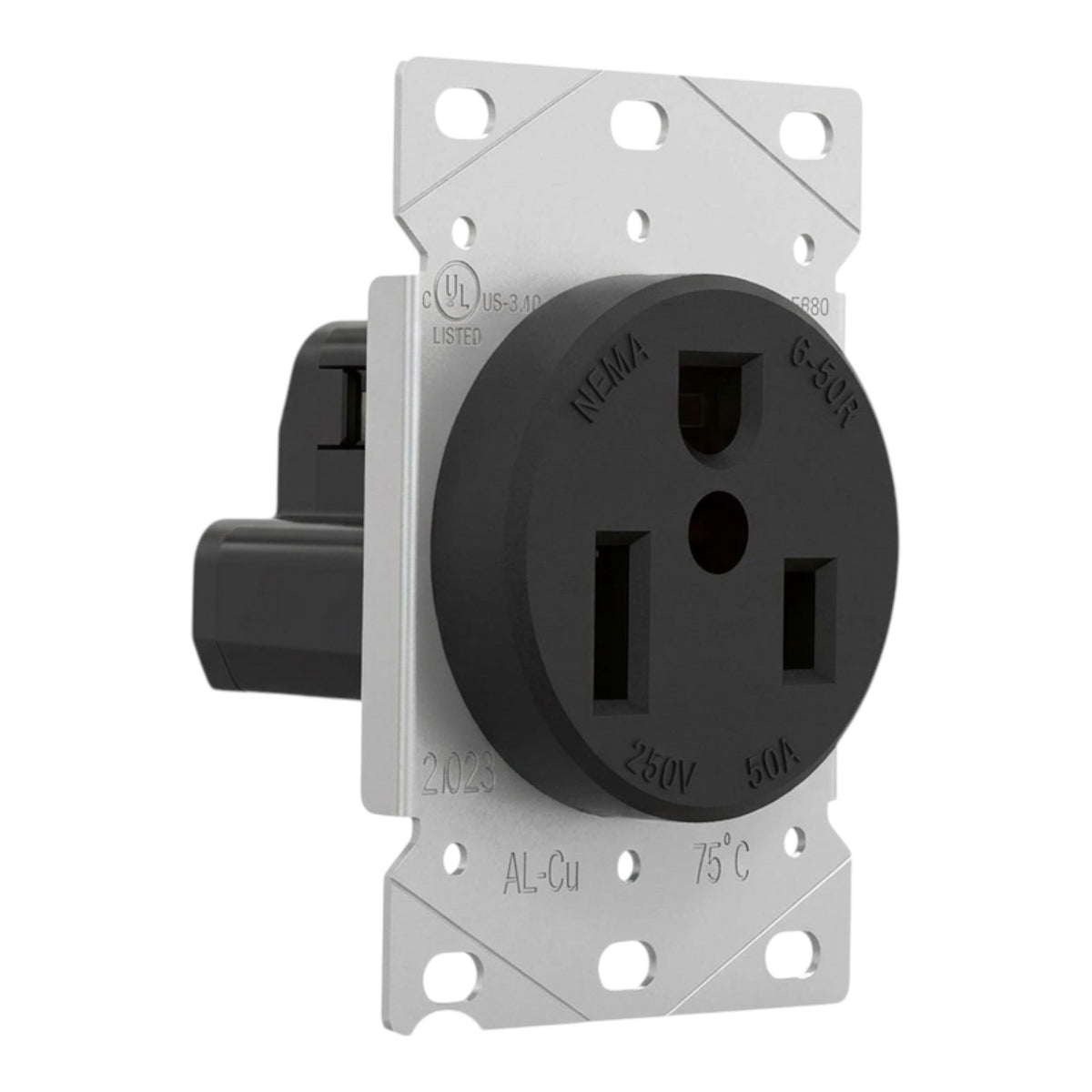 UL-listed NEMA 6-50V 250V 40A 75°C 3-prong outdoor outlet with a black faceplate and a silver aluminum mounting plate.